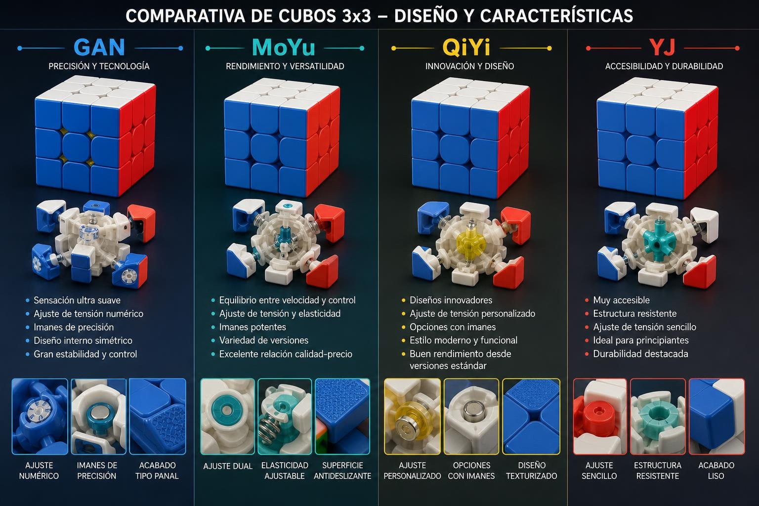Comparativa de Marcas de Cubos Rubik: GAN, MoYu, QiYi y YJ